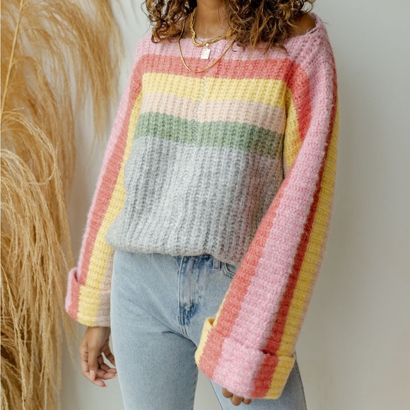 POL Sweaters - POL Multicolor Rainbow Confetti Striped Women's Sweater - Small